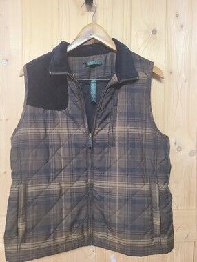 Lauren Ralph Lauren Brown Plaid Quilted Vest with Corduroy Trim